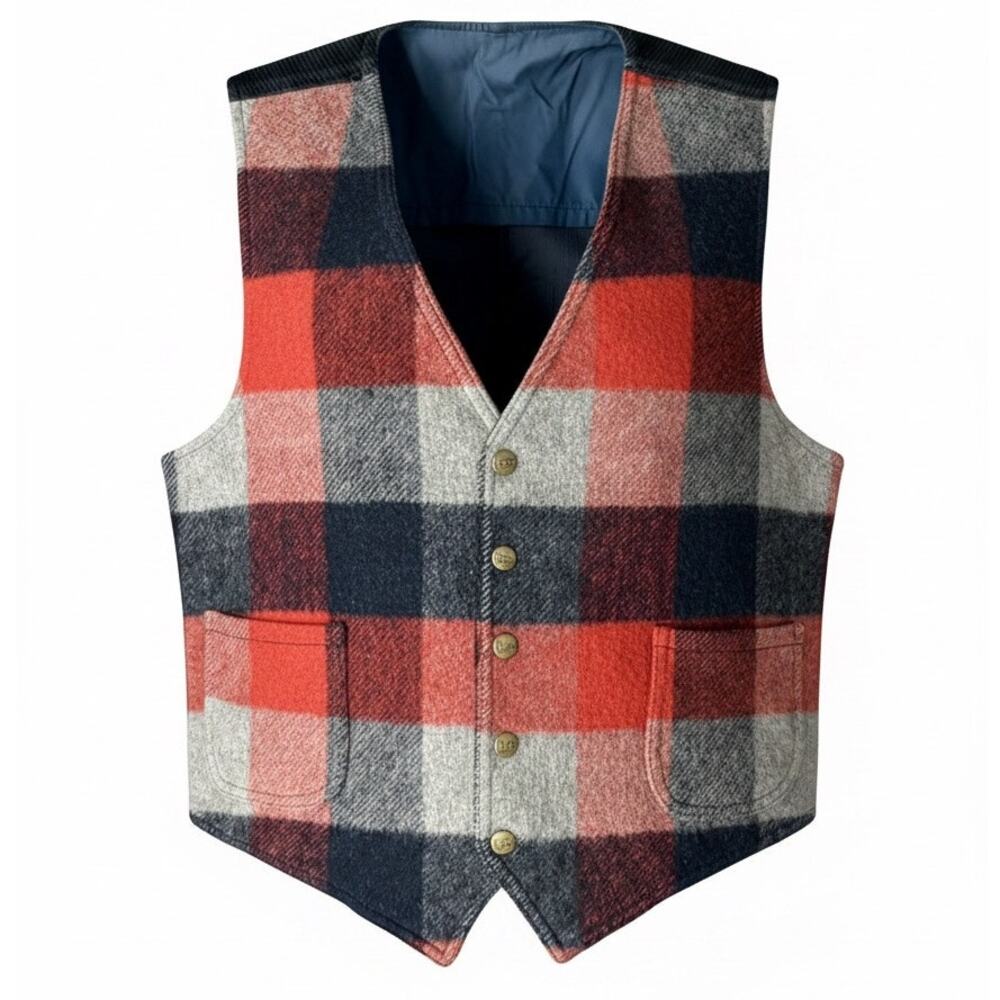 Vintage Lee Red Navy Blue Gray Plaid Snap Front Wool Corduroy Vest size M / L